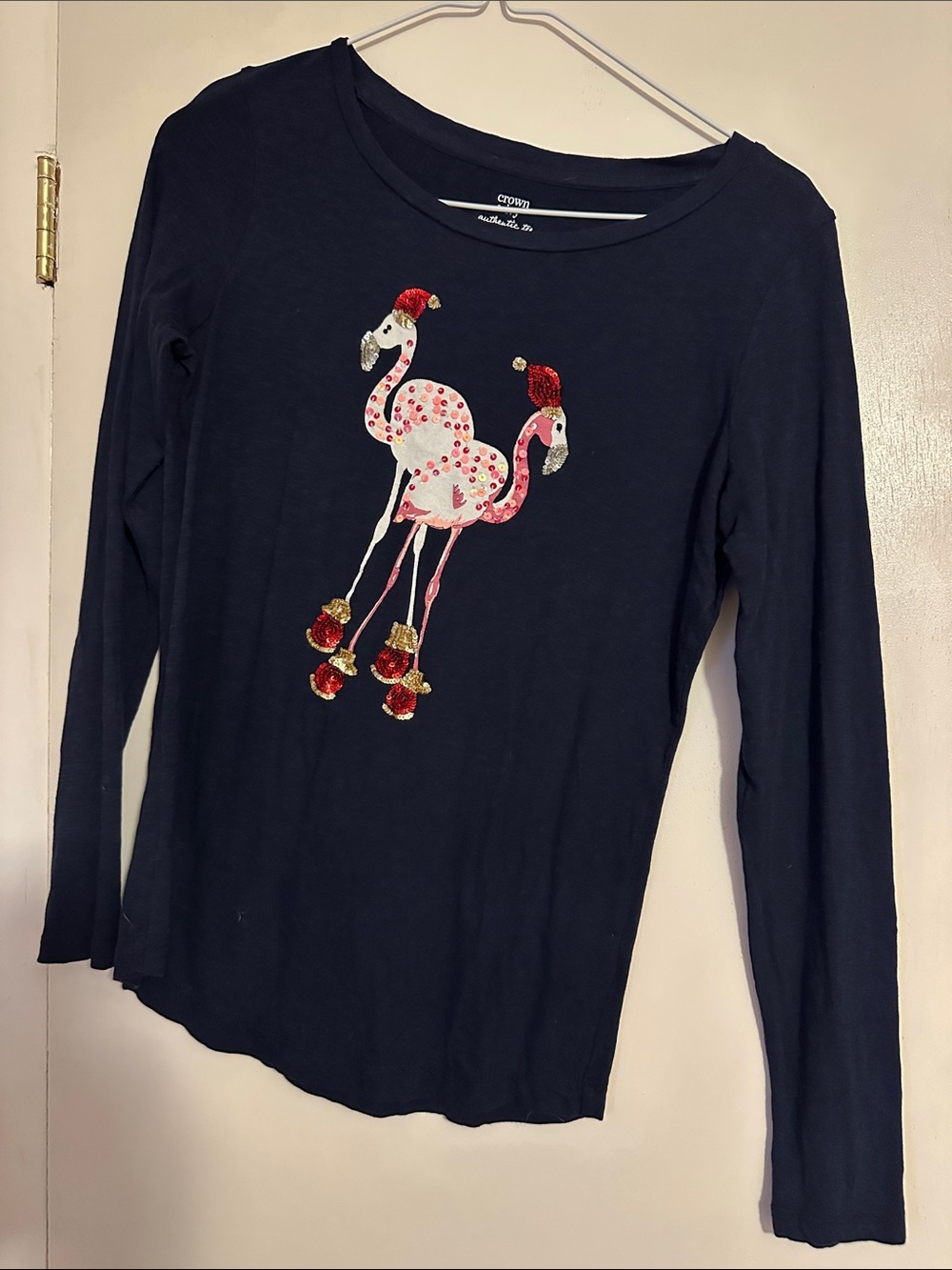 crown & ivy Navy Long-Sleeve Top with Pink Sequin Flamingos